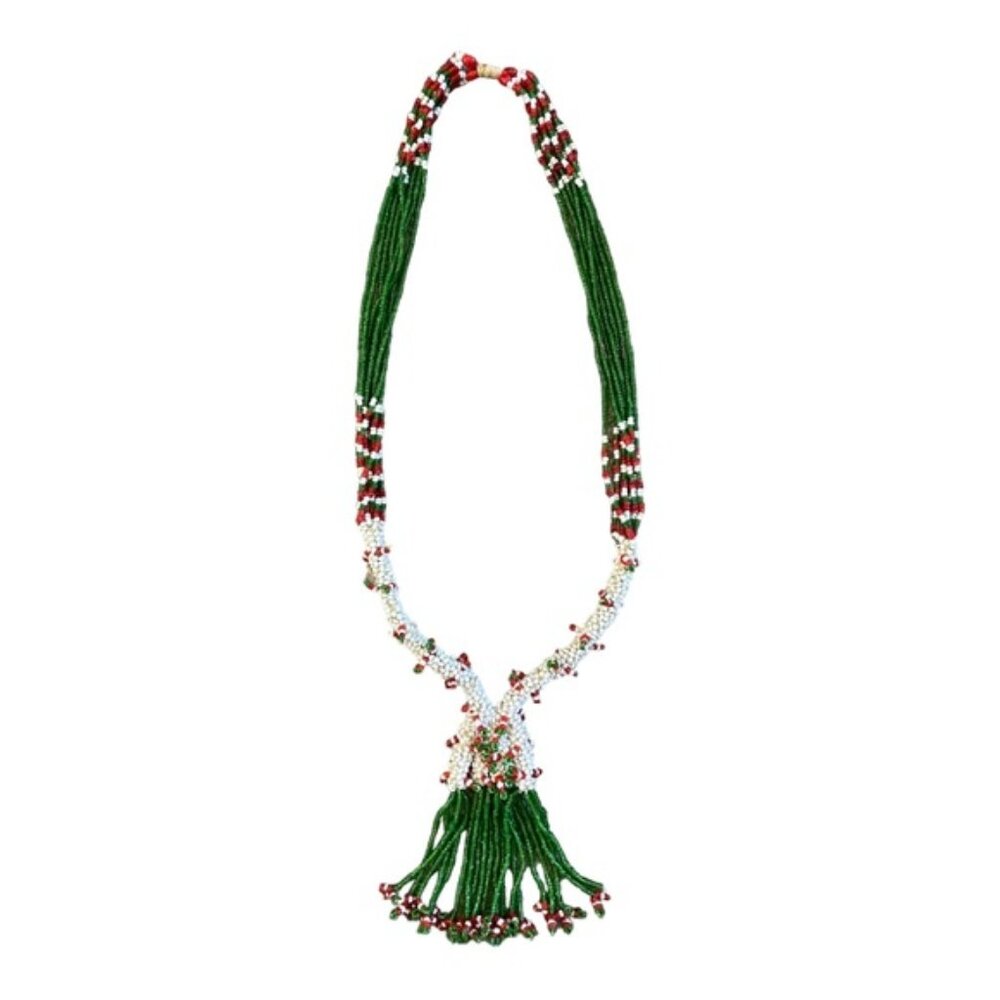 Multi Strand Red, Green, White Beaded Tassel Tribal Style Necklace 20” Drop - Picture 1 of 10